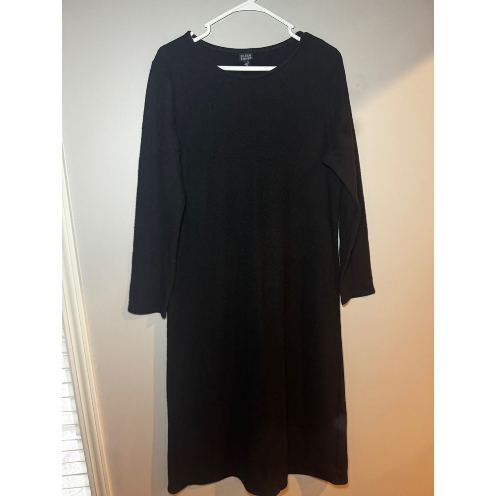 Eileen Fisher Black 100% Wool Crepe Long Sleeve Midi Dress Large Made in USA
